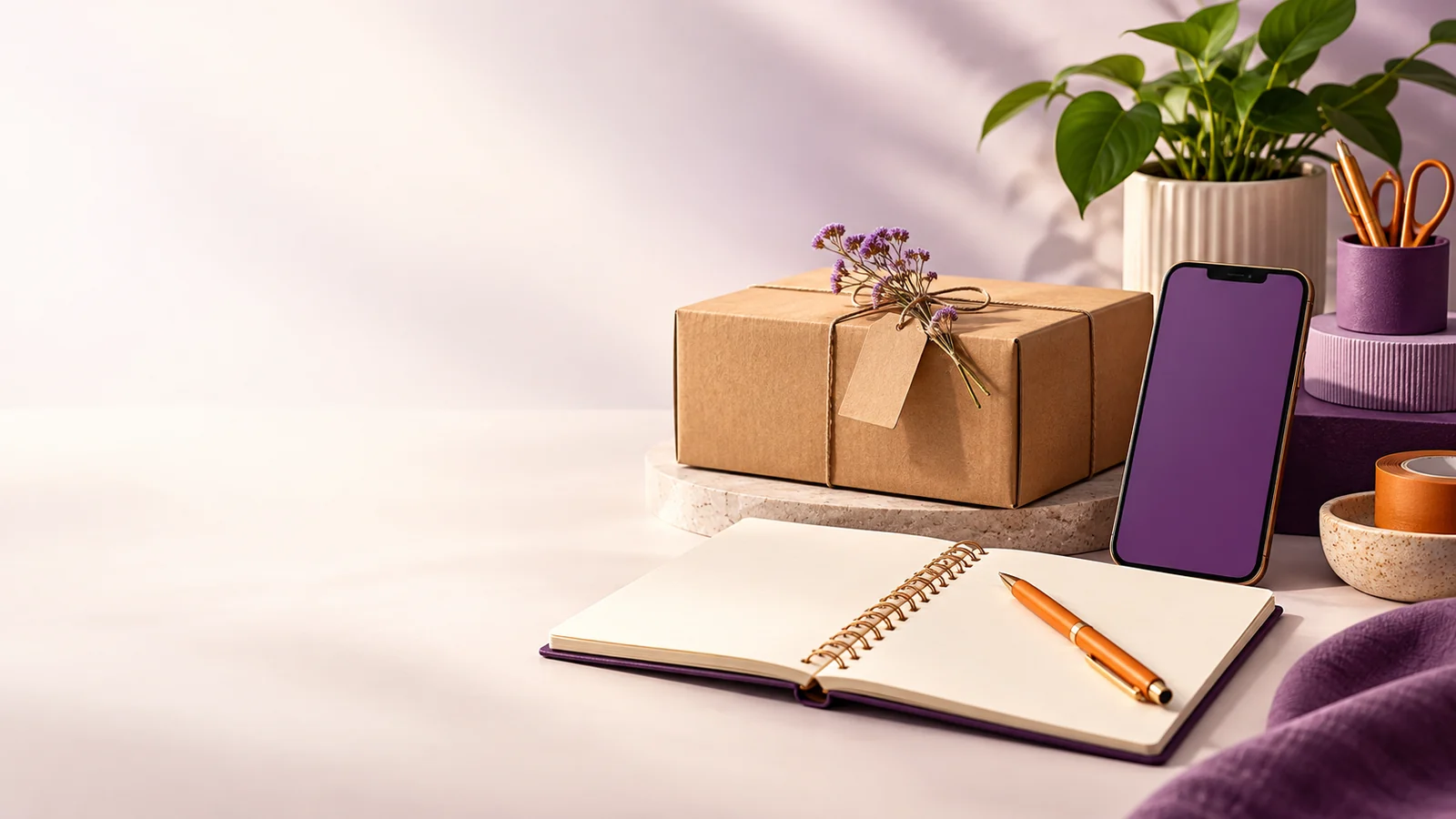 Ilustração conceitual de pequeno negócio com embalagem, celular violeta e caderno de organização