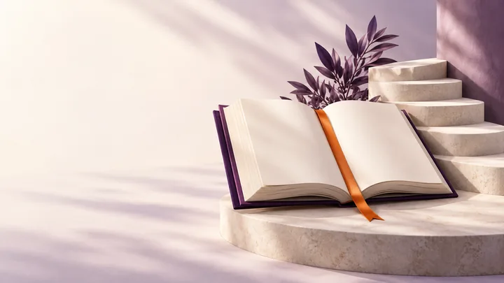Ilustração conceitual de educação empresarial com livro aberto, marcador laranja e degraus em tons claros