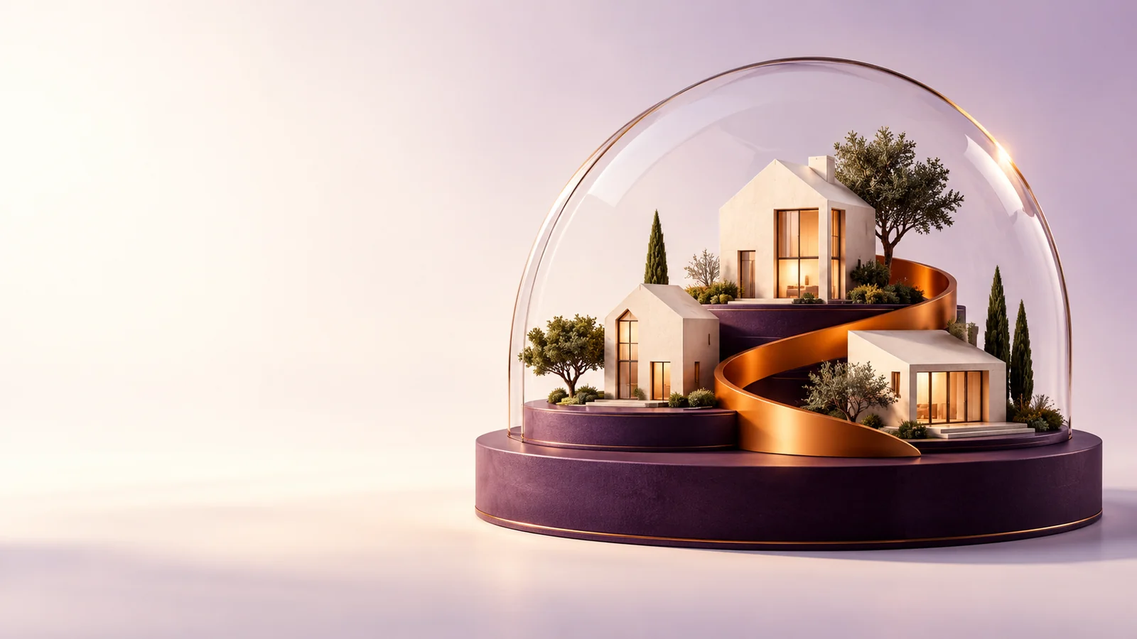 Ilustração conceitual de patrimônio familiar com pequenas casas e arco de vidro sobre base violeta