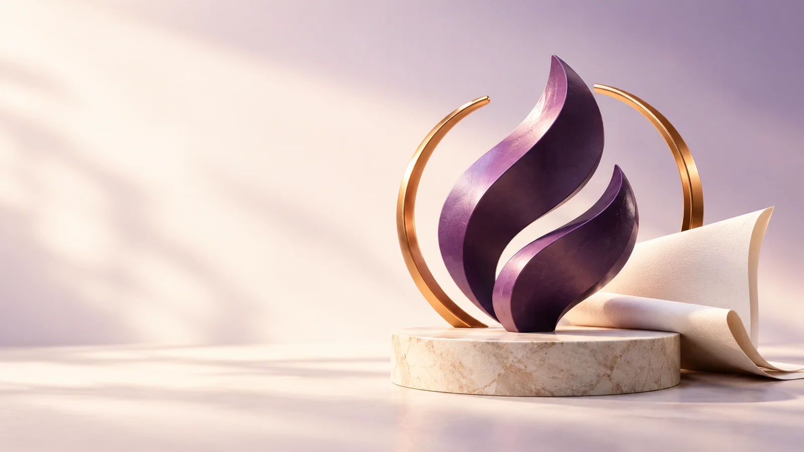 Ilustração conceitual de propriedade intelectual com emblema abstrato violeta e arco protetor laranja
