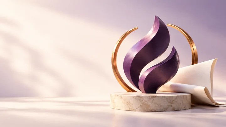 Ilustração conceitual de propriedade intelectual com emblema abstrato violeta e arco protetor laranja